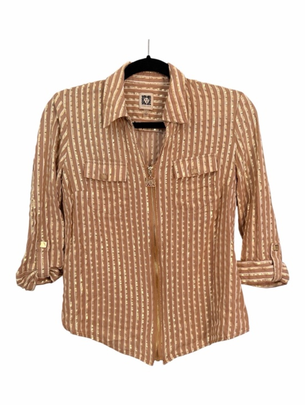 ANNE KLEIN XS Zip Gold Beige Striped Top